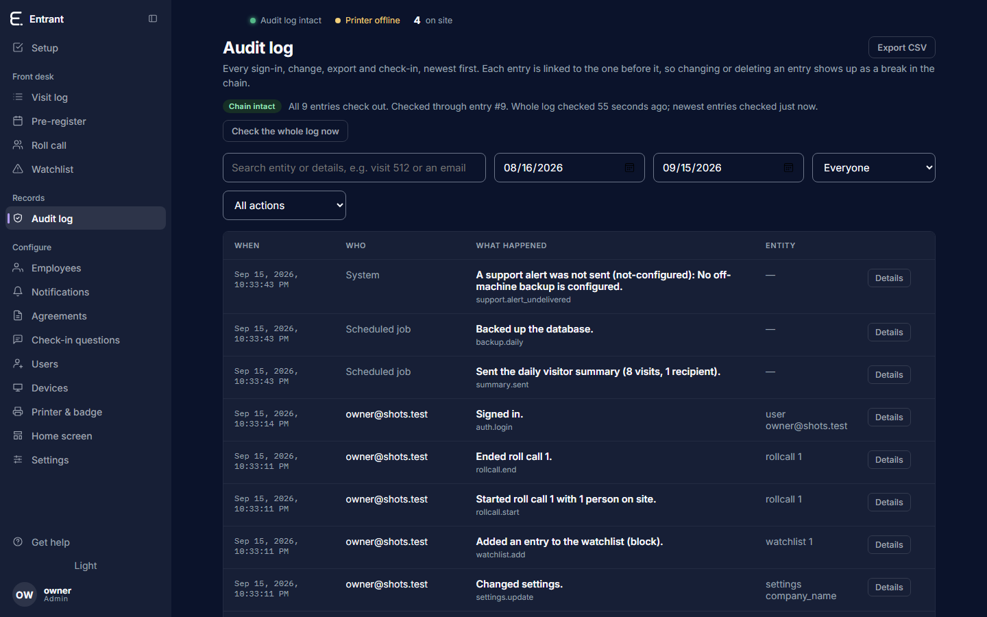 The audit log showing ordinary events alongside the record of a support engineer's access.