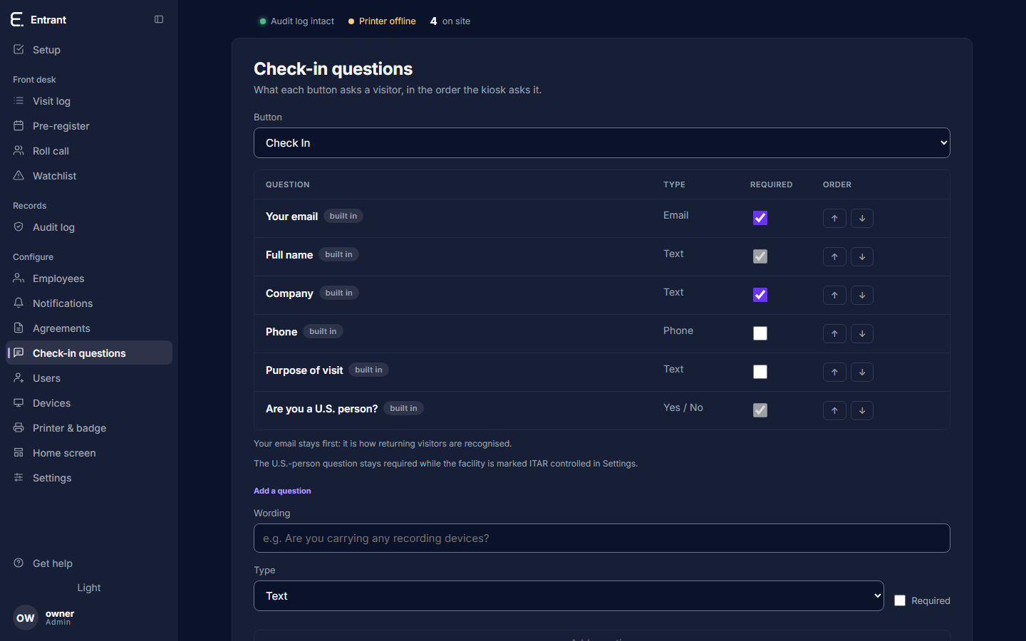 The check-in questions screen: questions per button, each with its type.
