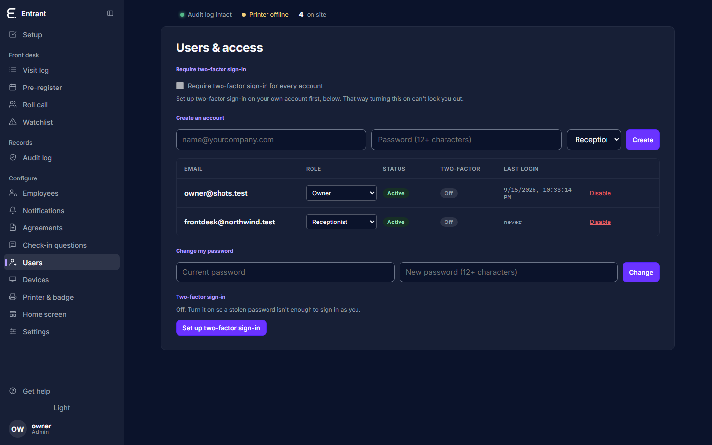 The console's users screen: each account, its role, and whether two-factor sign-in is on.