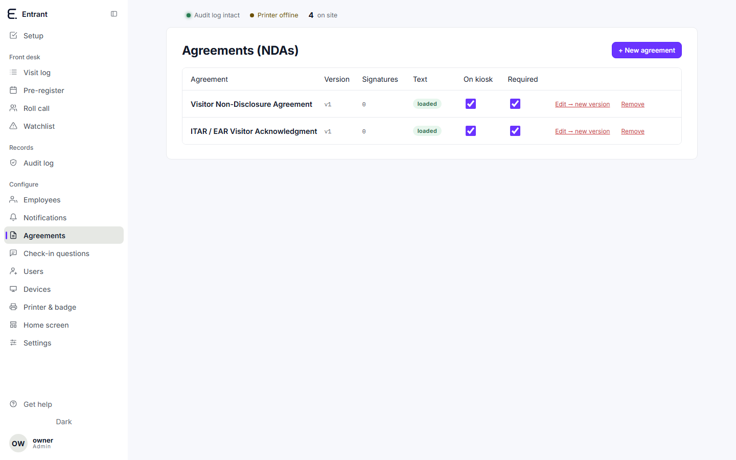 The agreements screen: each document, its version, and whether it is published.