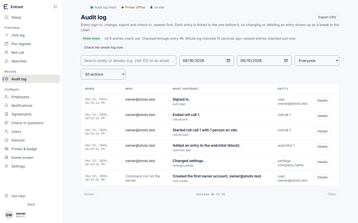 The audit log filtered to a date range, ready to export.