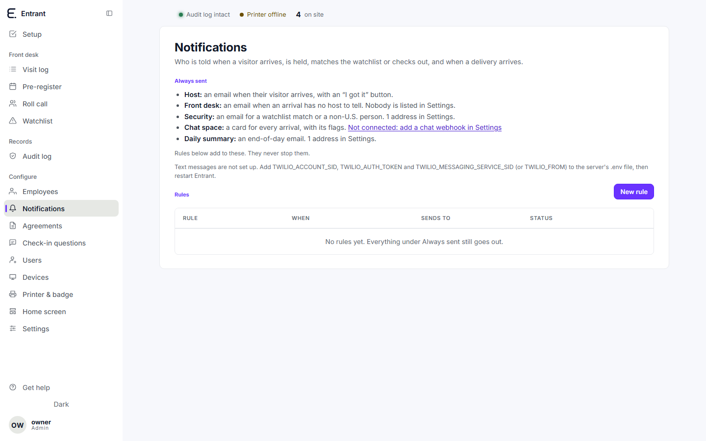 The notifications screen: who is always told, and the rules that add to them.