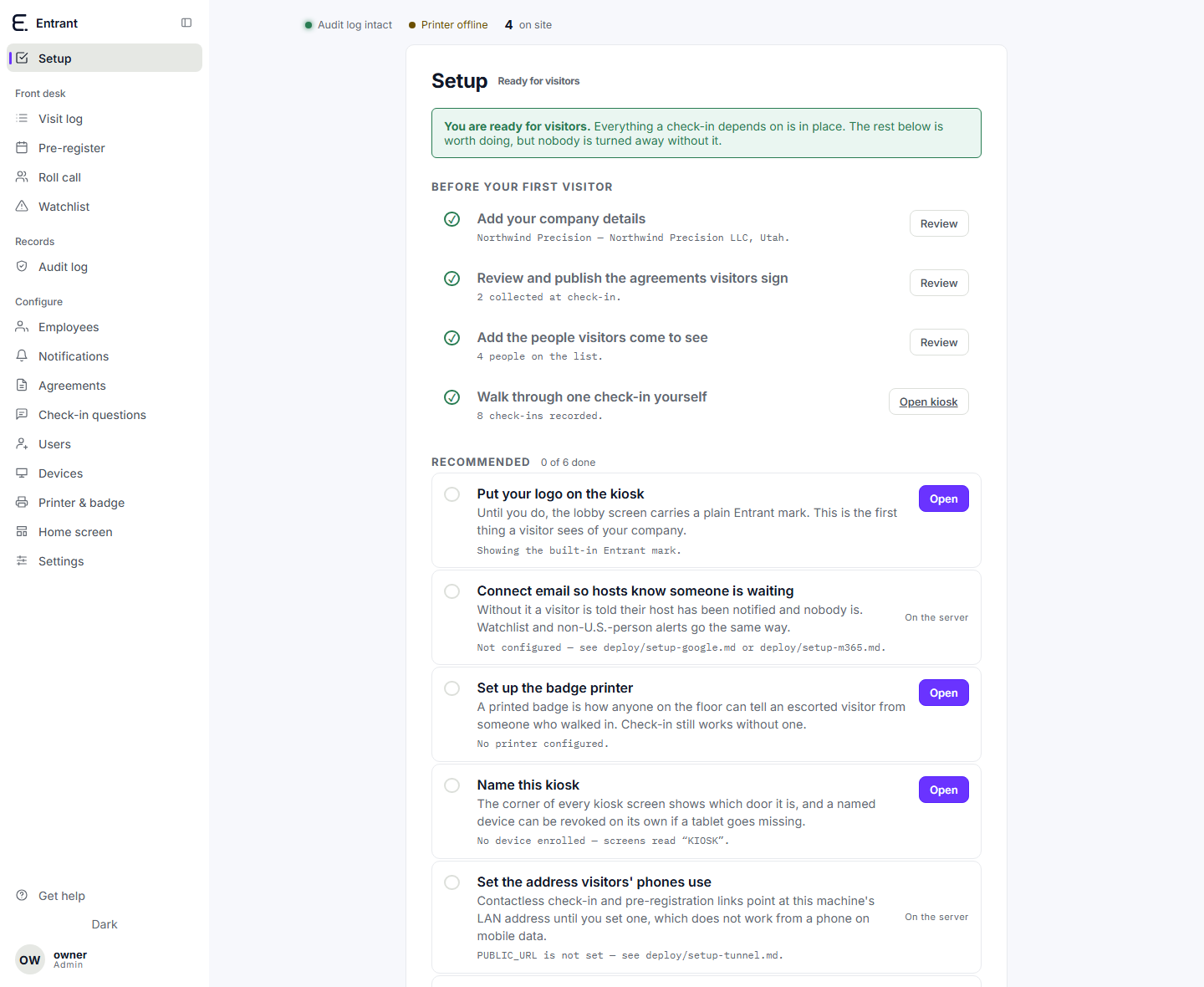 The setup checklist in the console, listing what a site needs before its first visitor.